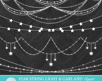 Star String Light & Garland Clipart, PNG, transparent background, EPS, Vector, Instant download, Digital Overlay