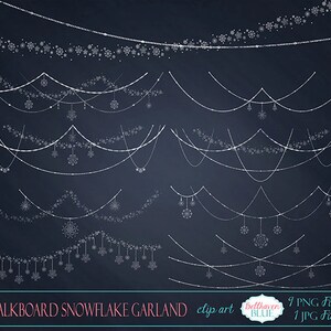 Chalkboard Snowflake Garland Clipart, chalk effect, holiday, winter clipart, string clipart, white clipart, blue chalkboard digital paper