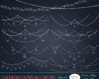 Chalkboard Snowflake Garland Clipart, chalk effect, holiday, winter clipart, string clipart, white clipart, blue chalkboard digital paper
