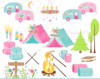 Pink & Turquoise Camping Clipart and Digital Paper, Glamping, Tent, S'more, Hot chocolate, Chandelier, Sleeping Bags, Camping, Lanterns