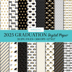 Papel digital de graduación dorado y negro 2025, 20 archivos JPG, ¡Felicidades, graduado!, Clase de, Celebración, Birretes, Diploma, Patrón, Elegante, Bonito