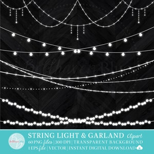 Lichterkette Clipart, Overlay, Transparenter Hintergrund, Weiß Clipart, PNG, EPS, Vektor, Sofort Download, Fee, Hochzeit, Weihnachten, Urlaub