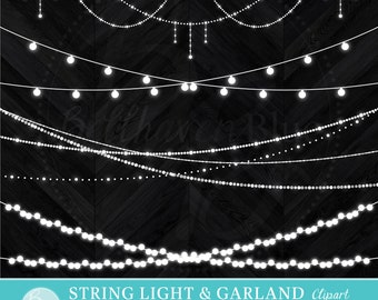 May include: Set of 60 white string lights with bulbs, perfect for adding a festive touch to any occasion. The lights are on a transparent background, making them easy to use in any design project.