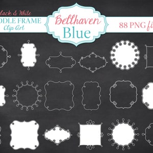 May include: A set of 88 black and white doodle frame clip art images in PNG format. The frames are in various shapes and sizes, including circles, squares, and rectangles. The frames are all outlined in white and have a simple, hand-drawn style.