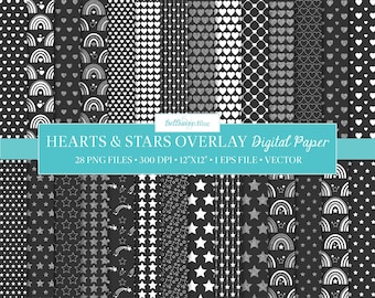 Hearts and Stars Overlay Digital Paper, PNG, EPS, Vector, Transparent Background, boho rainbow, shooting star, textured hearts and stars