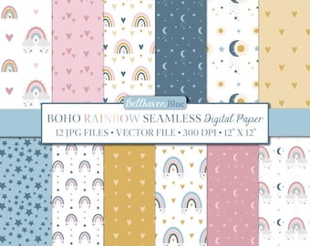 Boho Rainbow Heart Stars Sun Moon Seamless Digital Paper, pastel colors, digital raincloud, sunshine graphics, rays, raining, vector swatch