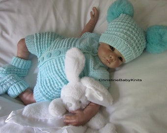 Adorable Aqua 8 Ply Acrylic Romper, Hat and Booties, suitable for Newborn to 3 Months Old Baby or 19-20" Reborn Doll