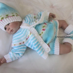 Aqua Variegated and White Outfit, consisting of a Short Romper, Cardigan, Hat and Booties. Fits 0-3 months old Baby or 19-20" Reborn Doll.