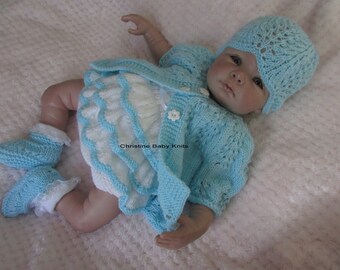 Amber - Cute 4 Piece Hand Knitted Aqua and White Set for 0-3 Months Old Baby Girl or 19-20" Reborn Doll. Jacket, Frilly Pants, Hat and Shoes
