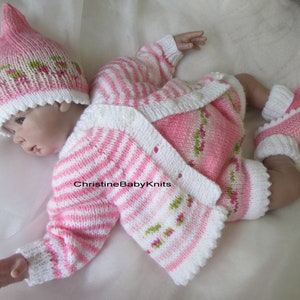 Pink Variegated and White Outfit, consisting of a Short Romper, Cardigan, Hat and Booties. Fits 0-3 months old Baby or 19-20" Reborn Doll.