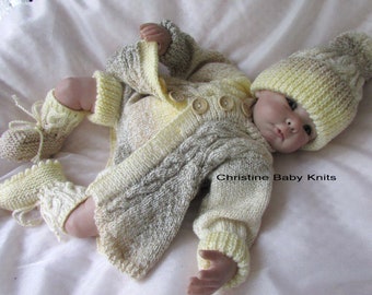 Samuel - Variegated 4 Piece Hand Knitted Outfit for 0-3 mths Baby Boy or 19-20" Reborn Doll, consisting of a Jacket, Pants, Hat and Booties.