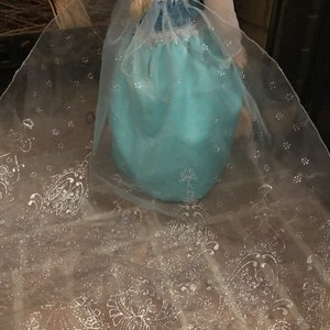 May include: A turquoise dress with a sheer white cape featuring a silver snowflake pattern. The dress has a blue bodice and a tulle skirt.
