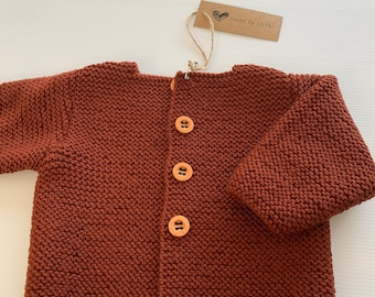 Hand knitted baby boy/ girl Cardigan long sleeves -Russet  Colour -  Merino wool- New item- STYLE#5