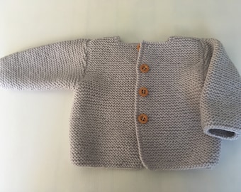 Hand knitted baby boy/ girl Cardigan long sleeves -Ghost Colour -  MERINO Wool- New item