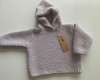 Hand Knitted Boy/Girl Sweater with Hood- LARGE FIT  - Light Grey - 100% Merino Wool- Chunky style