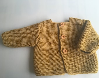 Handgestrickte Baby-Strickjacke für Jungen/Mädchen mit langen Ärmeln – Senfgelbe Farbe – Merinowolle – Neuware – STIL Nr. 5