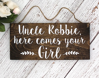 Personalized Rustic Hand Painted Wood Wedding Sign, Name & Here Comes Your Girl Ring Bearer Sign, Flower Girl Sign, Style A