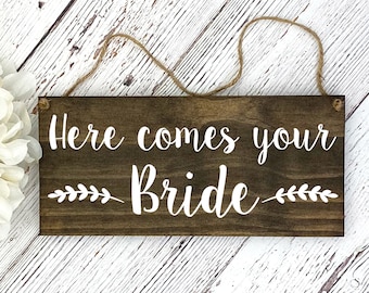 Rustic Hand Painted Wood Wedding Sign, Here comes your Bride, Ring Bearer Sign, Flower Girl Sign, Wedding Ceremony, Style A