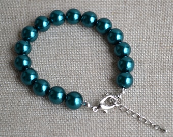 Teal Glass Pearl Bracelet, Bridesmaid Jewelry