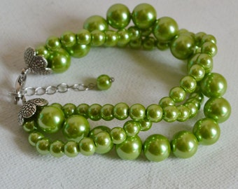 Teal Glass Pearl Bracelet, 3 Row Bridesmaid Jewelry