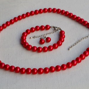 red pearl set, select size, pearl necklace pearl bracelet and pearl earrings set, wedding pearl set ,bridesmaids pearl set, glass pearls set