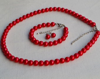 red pearl set, select size, pearl necklace pearl bracelet and pearl earrings set, wedding pearl set ,bridesmaids pearl set, glass pearls set