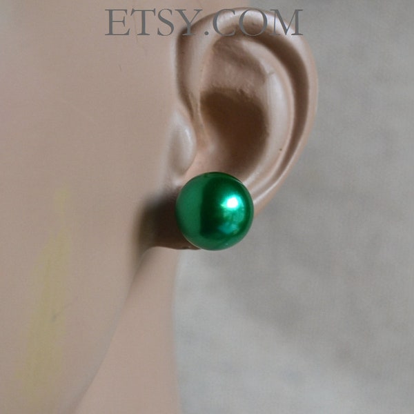 Pendientes de perlas verdes de 16 mm, 14 mm y 12 mm, pendientes de perlas grandes, pendientes de perlas falsas, pendientes ligeros, pendientes de perlas de plástico grandes
