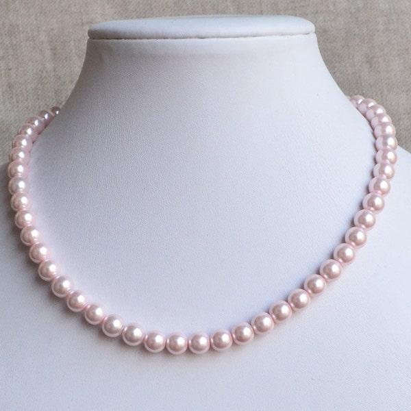 collier de perles rose pâle, colliers de perles en verre de 8 mm, collier de mariage, collier de demoiselles d’honneur, collier pour femmes, collier de déclaration, bijoux en perles