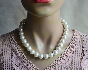 18mm Ivory Pearl Necklace, Lightweight Plastic Pearl, Adjustable Length