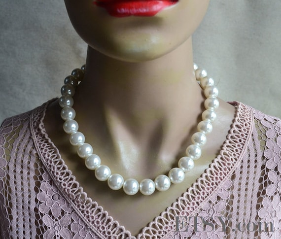 14mm Ivory Pearl Necklace Statement Necklace Single Strand Pearl