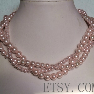 light pink necklace, three rows twist glass pearl necklace, statement necklace, bridesmaid necklace, pink bead necklace, pink necklace