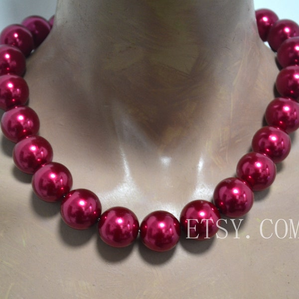 Collier de grosses perles, colliers de perles rouges bordeaux 20 mm, collier de fausses perles, grande quantité de perles en plastique, collier tendance