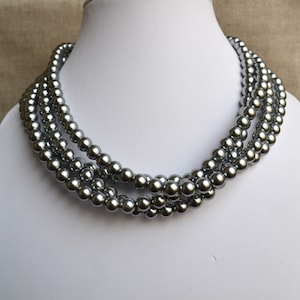 wedding pearl necklace,4 strands pearl necklaces,,8mm gray glass pearls necklaces, pearl necklace,bridesmaids necklace,  pearl necklace