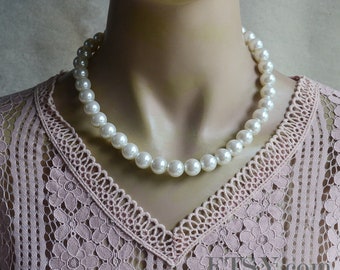 12mm ivory pearl necklace, single strand pearl necklace, light weight plastics pearl necklace, bridesmaids necklace, statement necklace