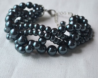 pearl bracelet,dark gray pearl bracelet,four strands pearl bracelet, bridesmaids bracelet,glass pearls bracelet,wedding pearl bracelets