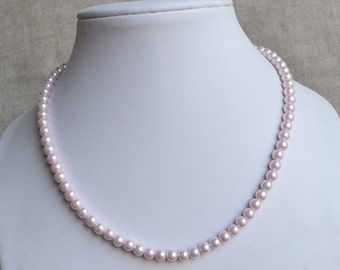 pale pink pearl necklace, 6 mm glass pearl necklace, wedding necklace, bridesmaids necklace, statement necklace, flower girl necklace
