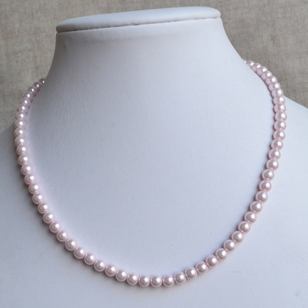 pale pink pearl necklace, 6 mm glass pearl necklace, wedding necklace, bridesmaids necklace, statement necklace, flower girl necklace