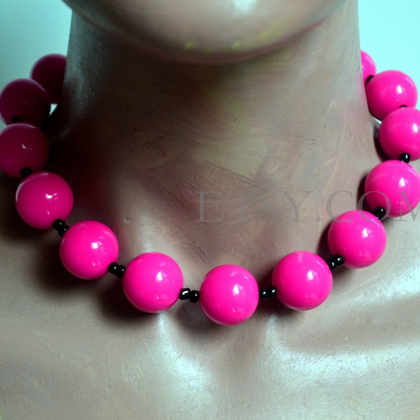 Hot pink and black beads Necklace, Resin Necklace, Statement Necklace, pink and black beaded, gift for him, men necklace