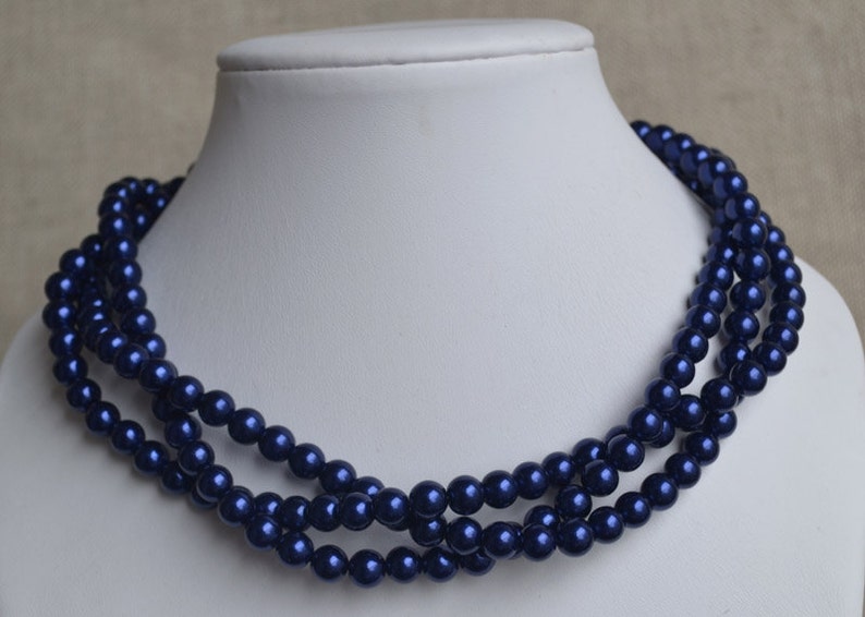 Navy blue beaded necklace triple strand navy pearl necklaces | Etsy