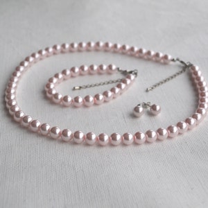 pink pearl set,select size,pearl necklace pearl bracelet and pearl earring  set,wedding pearl set ,bridesmaids pearl set,glass pearls set