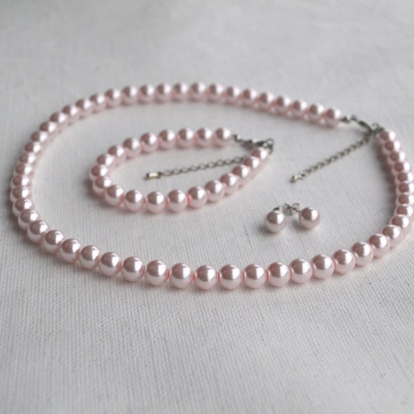 ensemble de perles roses, sélectionnez la taille, collier de perles bracelet de perles et ensemble de boucles d’oreilles en perles, ensemble de perles de mariage, ensemble de perles de demoiselles d’honneur, ensemble de perles en verre