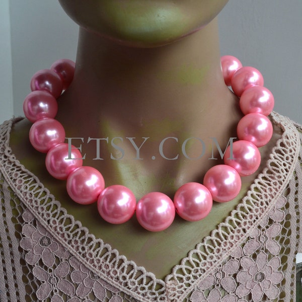 20mm pink pearl necklace, single strand pearl necklace, light weight plastics pearl necklace, woman necklace, statement necklace