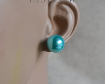 14 mm lake blue Pearl Earrings,Round Pearl Earrings,Large Pearl Earrings Stud, Faux Pearl Stud Earring, Light weight Earrings