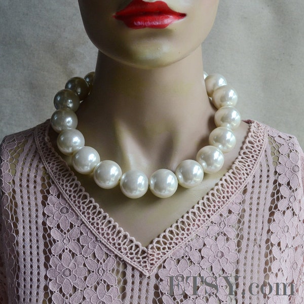 25mm ivory pearl necklace, choker necklace, plastics pearl necklace, light weight pearl necklace, big pearl necklace