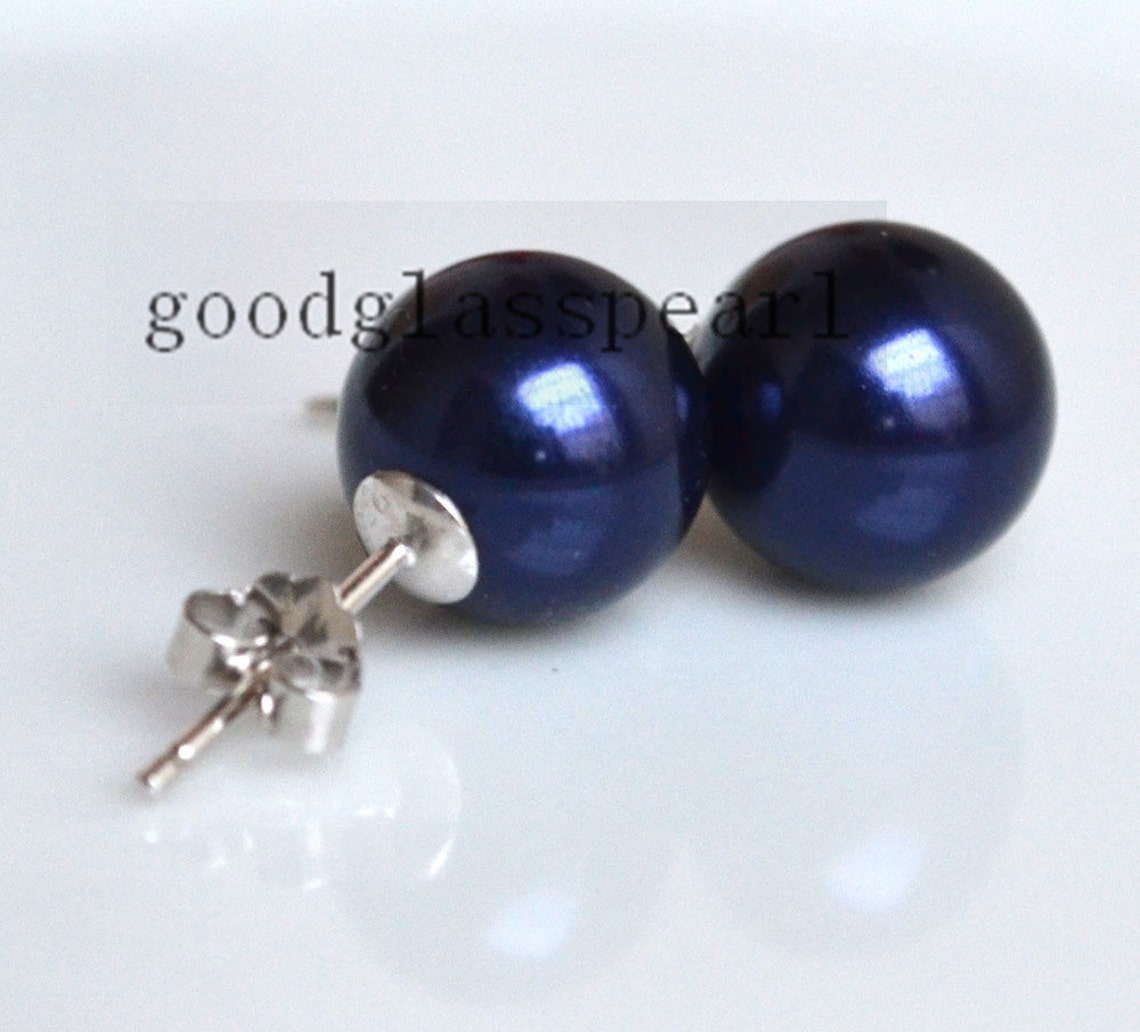 Navy Earrings Studpearl Earringsround Pearl Earringsnavy Etsy