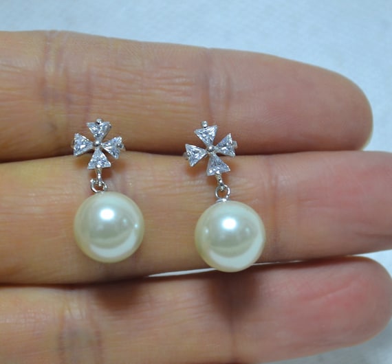 Pearl Earring,stud Post With Dangle Pearl Earrings, Four-leaf