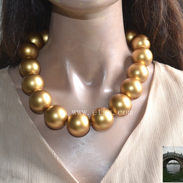 Gold Choker Necklace, 28mm Gold Pearl Necklace, Big Gold Bead Necklace,  Light Weight Plastics Pearl Necklace, Statement Necklace