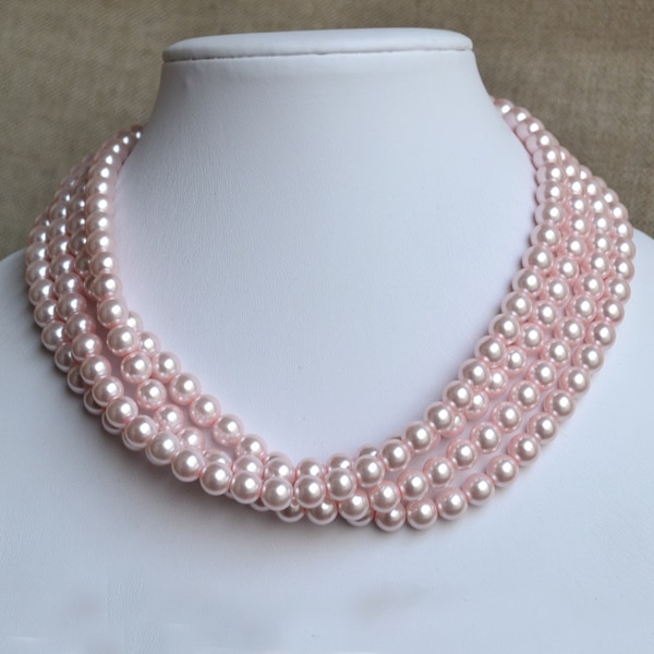 pale pink pearl necklace, four strands pink bead necklaces,wedding necklace,bridesmaids necklace,statement necklace,light pink bead necklace