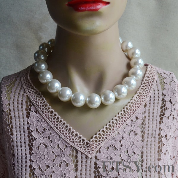 22mm ivory pearl necklace, big pearl necklace,choker necklace,plastics pearl necklace, light weight pearl necklace