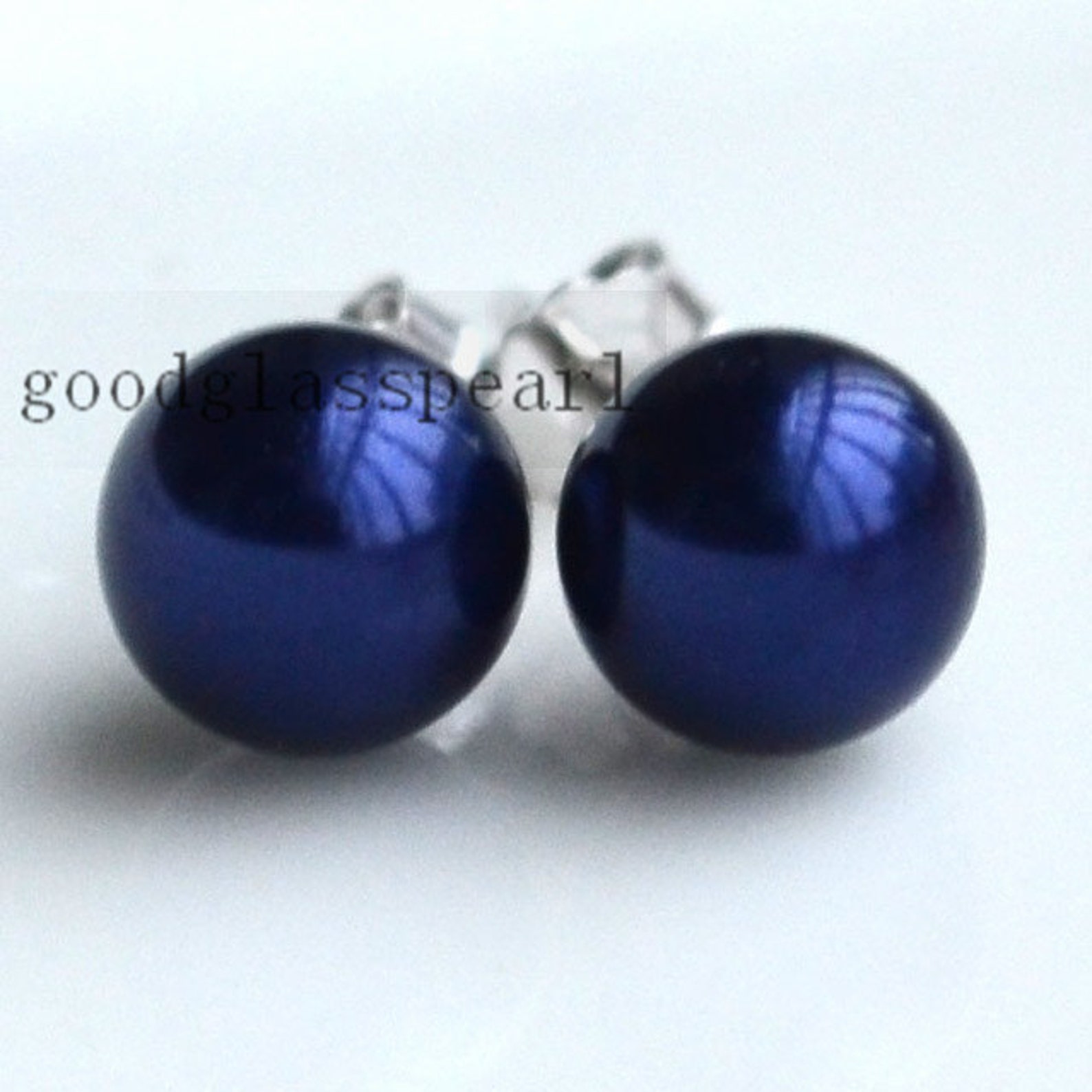 Navy Earrings Studpearl Earringsround Pearl Earringsnavy Etsy